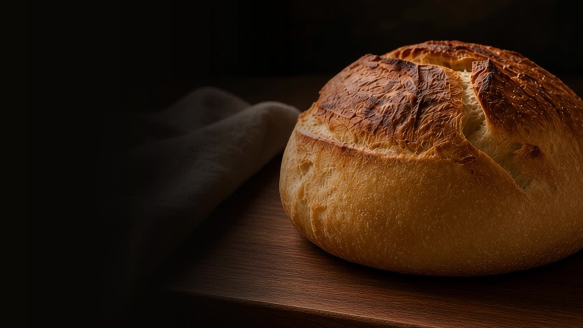 Golden sourdough loaf with caramel scoring on a dark wooden board