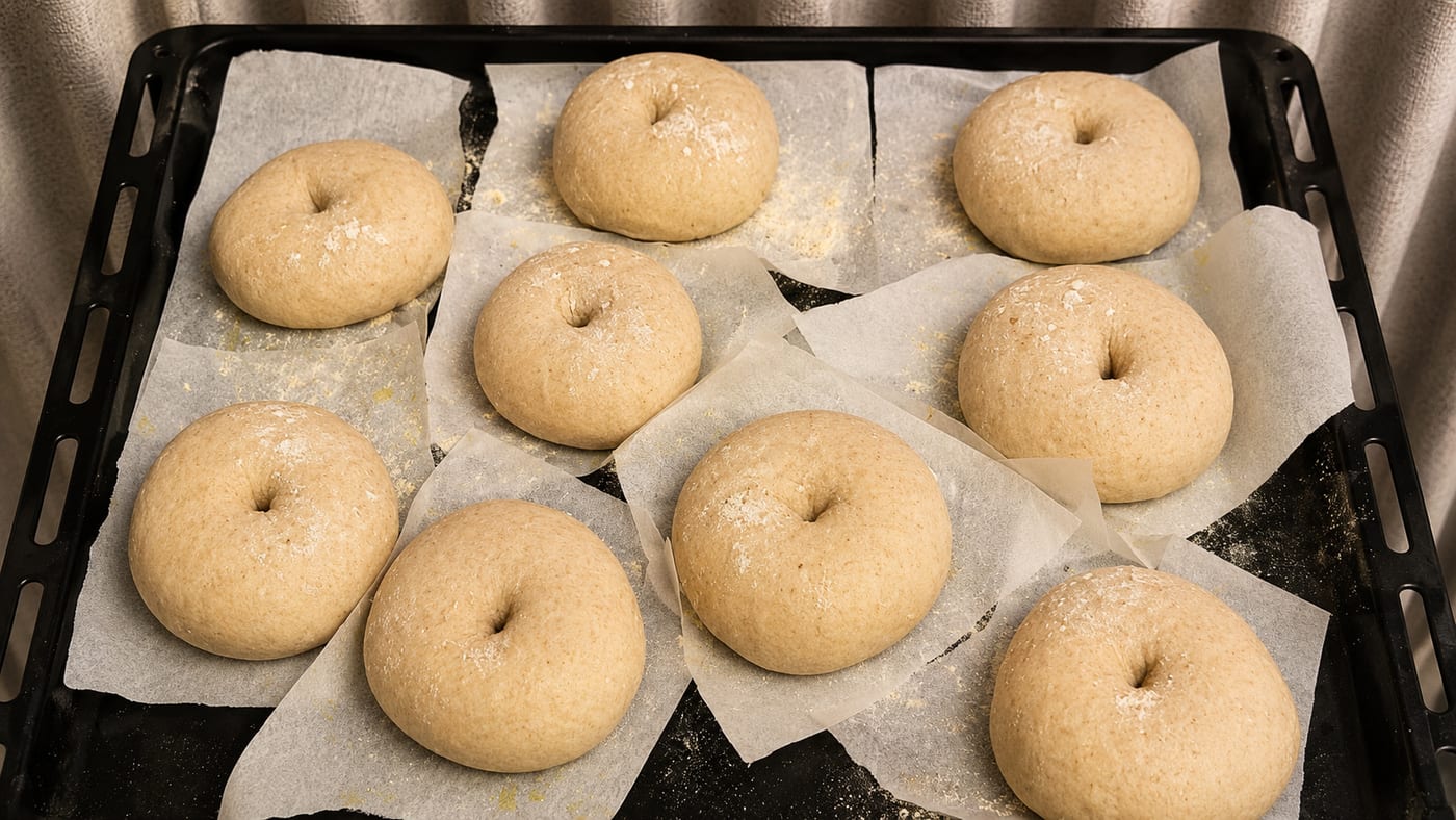 Unbaked sourdough bagel rings on a baking tray