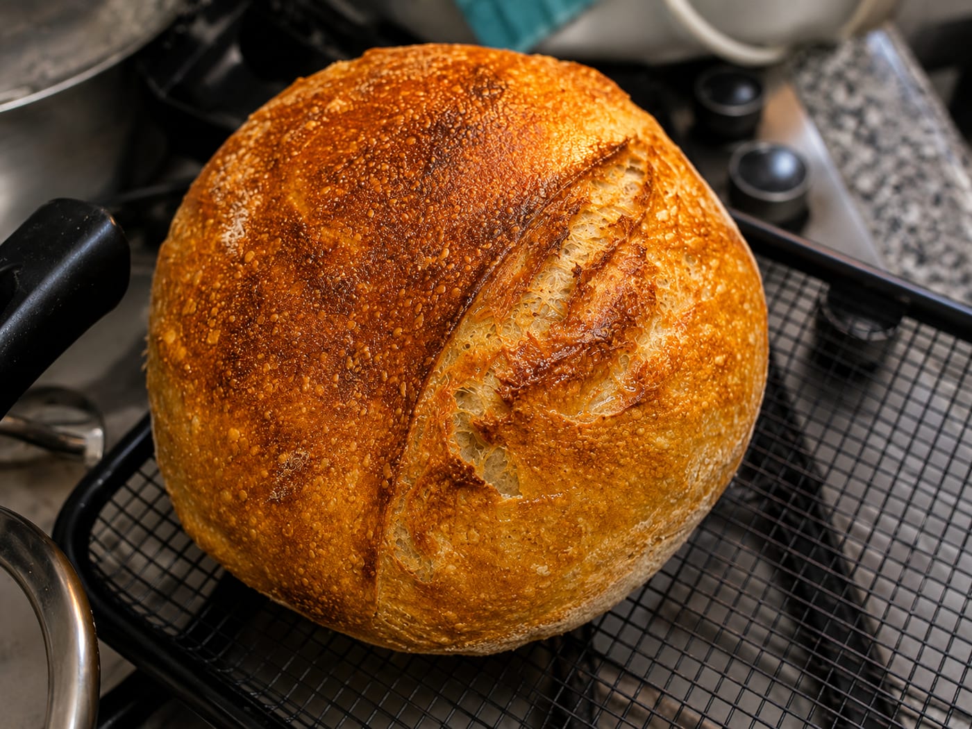 Naturally fermented sourdough loaf after baking, on a cooling rack