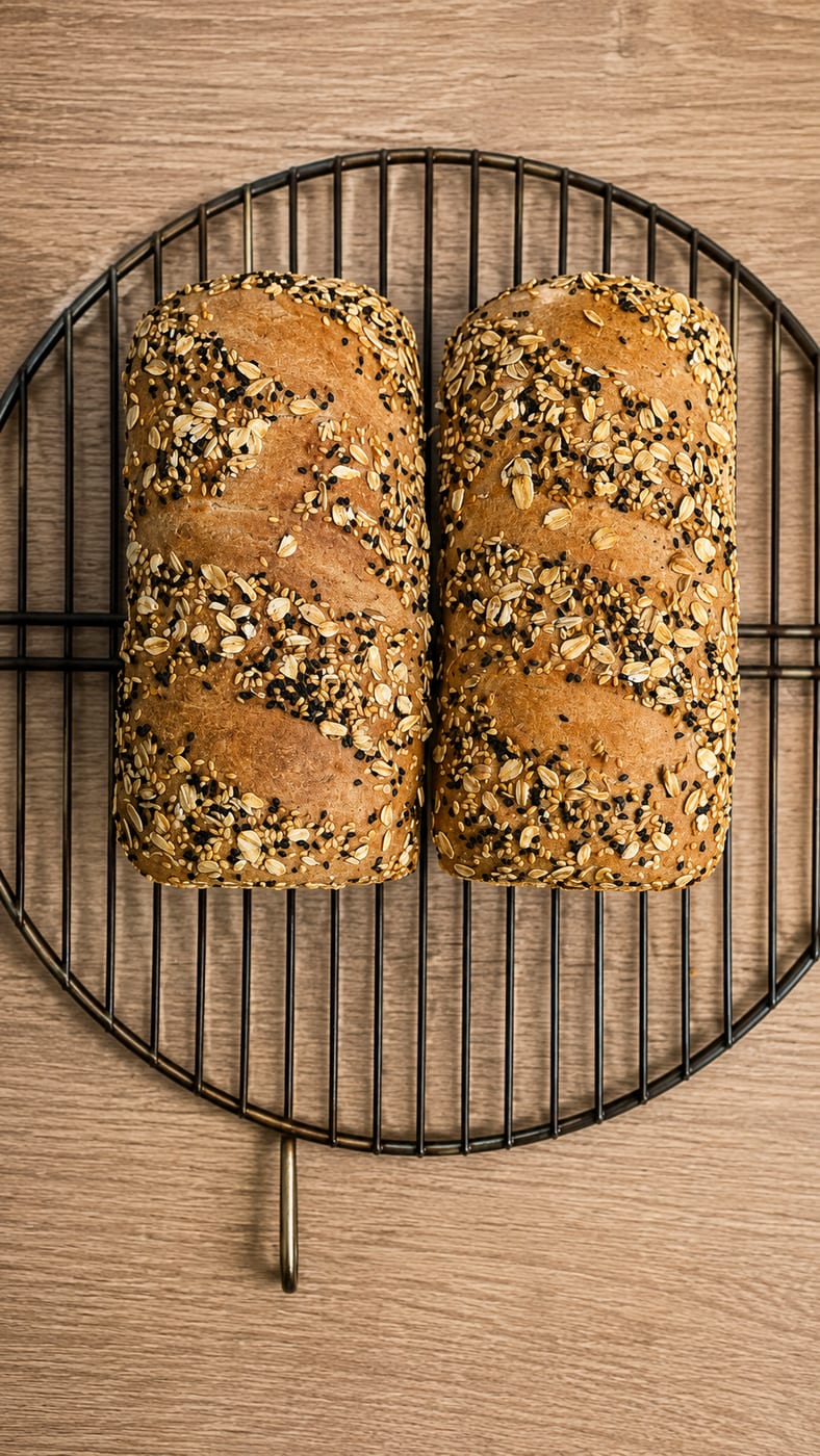 Two seeded sourdough loaves cooling on a wire rack