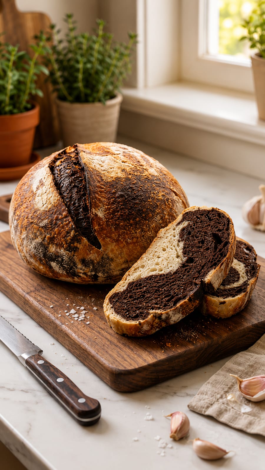 Marbled sourdough loaf, sliced, on a wooden board
