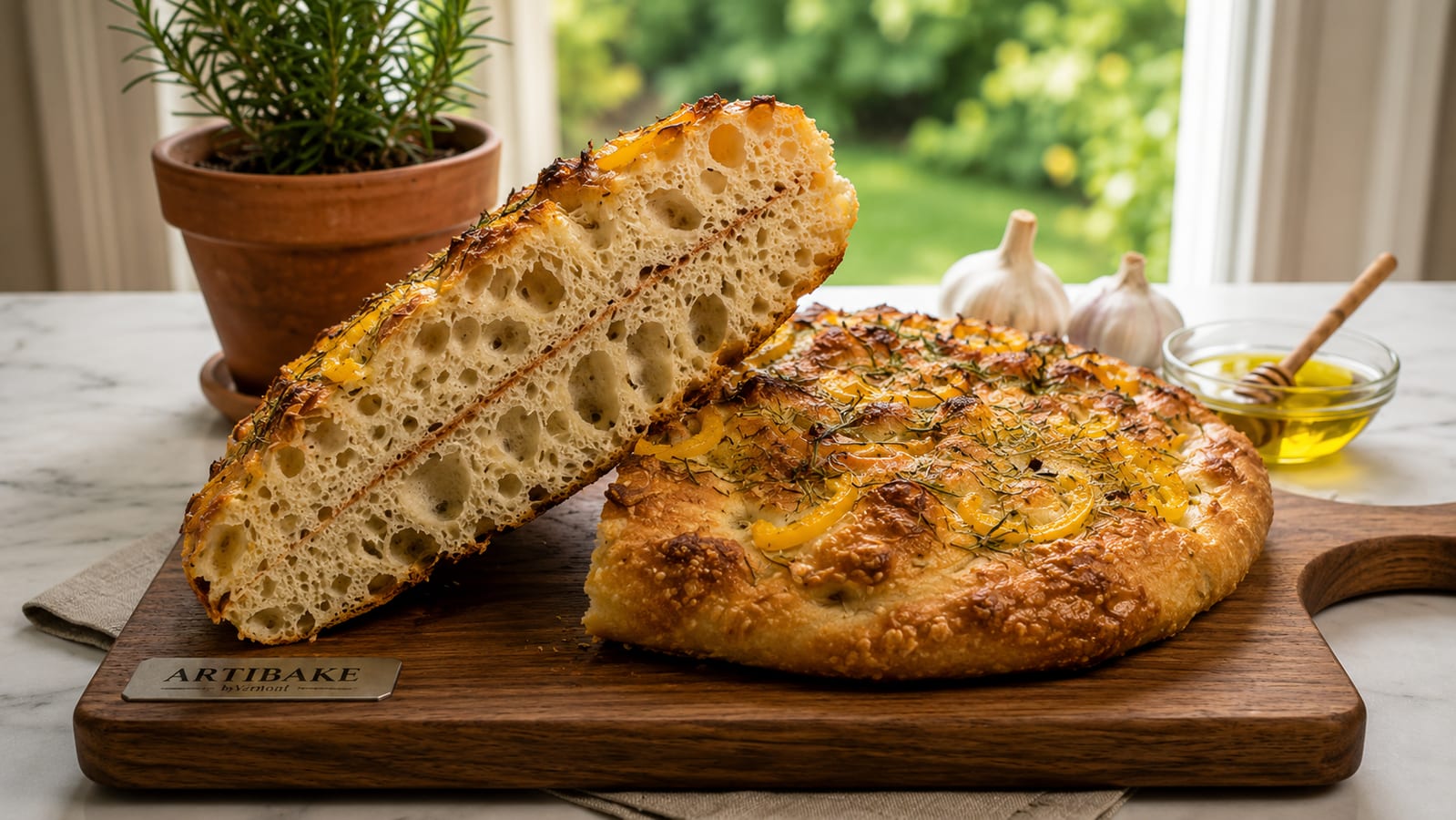 Round focaccia with herbs and an open crumb on a wooden board