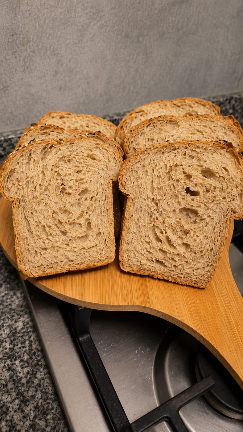 Sliced seeded sourdough showing the open crumb on a wooden board
