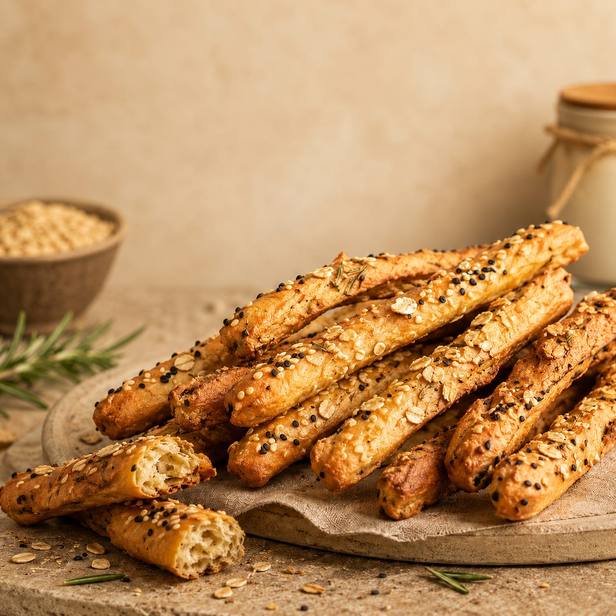 Seeded sourdough breadsticks with an open crumb