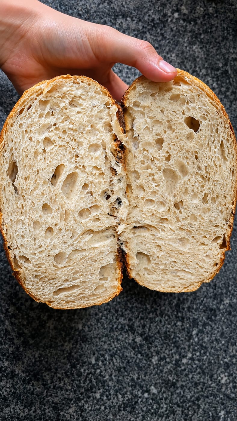 Freshly sliced sourdough bread showing the open crumb